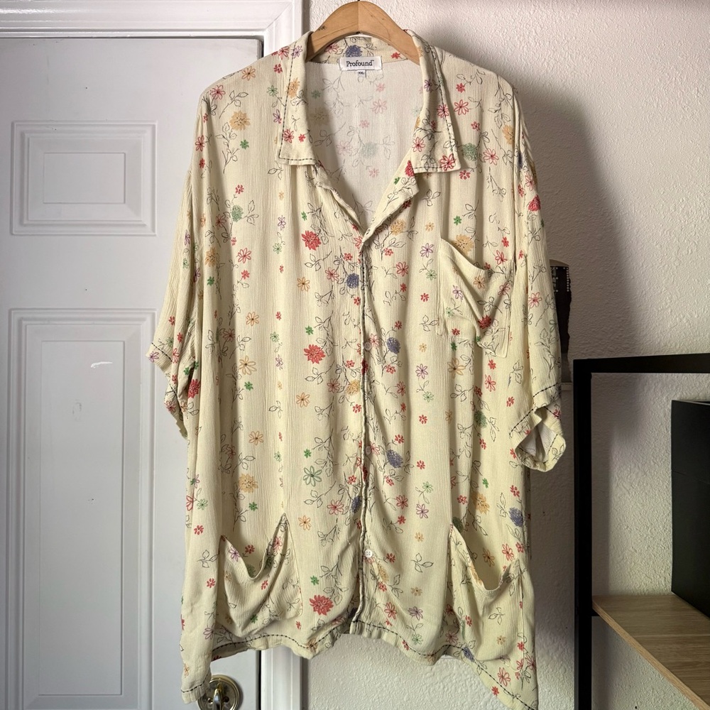PROFOUND New York cream rayon gauze floral button up short sleeve shirt